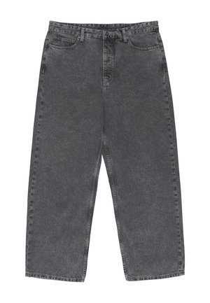 Sorte, falmede jeans med vide ben, forreste knapper, bæltestropper og fem-lommer design, lagt fladt på hvid baggrund.