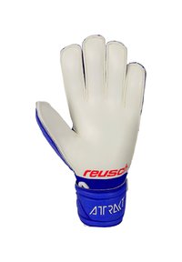 Gant de gardien de but avec une paume en latex blanc, un dos en bleu et un marquage rouge. Design flexible avec grip texturé et détail de la sangle au poignet.