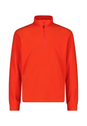 Leuchtend orangefarbener Pullover mit langen Ärmeln, hohem Kragen und kurzem Reißverschluss vorne, mit gerippten Bündchen und geradem Saum.