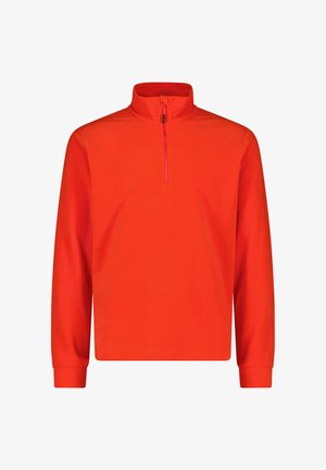 Leuchtend orangefarbener Pullover mit langen Ärmeln, hohem Kragen und kurzem Reißverschluss vorne, mit gerippten Bündchen und geradem Saum.