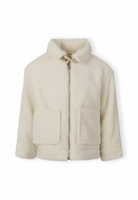 Kremowa polarowa kurtka z zapięciem na zamek, kołnierzem i dwoma przednimi kieszeniami naszytymi. Miękka tekstura, luźny krój i brak widocznych wzorów.
