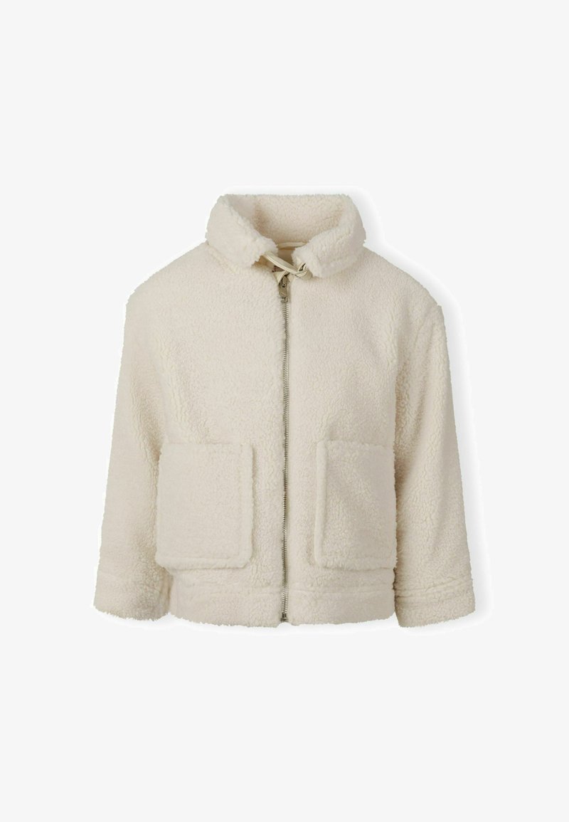 Giacca in pile color crema con chiusura a zip, colletto e due tasche a toppa anteriori. Texture morbida con una vestibilità comoda e senza motivi visibili.