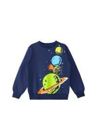 Sudadera de color azul marino con gráficos de planetas coloridos, incluyendo verde, azul, amarillo y naranja, con una textura suave y puños acanalados.