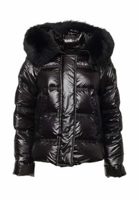 Giubbotto imbottito nero con texture lucida, dotato di cappuccio in ecopelliccia, zip frontale e tasche applicate. Progettato con motivi trapuntati.