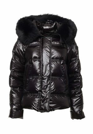 Schwarze Daunenjacke mit glänzender Textur, ausgestattet mit einer Kapuze aus Kunstpelz, einem Frontreißverschluss und aufgesetzten Taschen. Mit gesteppter Musterung gestaltet.