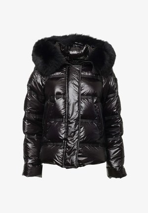 Schwarze Daunenjacke mit glänzender Textur, ausgestattet mit einer Kapuze aus Kunstpelz, einem Frontreißverschluss und aufgesetzten Taschen. Mit gesteppter Musterung gestaltet.