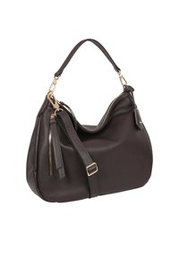 Brown leather shoulder bag with a textured surface, gold-tone hardware, a shoulder strap, and a zip closure with hanging tassels.