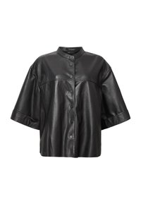 Μαύρο δερμάτινο μπουφάν με κοντά μανίκια και γιακά μανταρίνι, κλείνει μπροστά με κουμπιά και έχει λείο υφή. Διαθέτει καμπυλωτό γιακά στον ώμο και άνετη γραμμή.