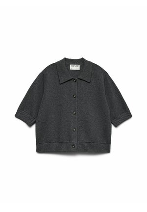 Mørkegrå, kortærmet cardigan lavet af blødt stof. Har en kraveudskæring, knaplukning foran og ribbede kanter og manchetter for tekstur.