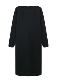 Schwarzes Langarmkleid mit weitem Ausschnitt, geradem Schnitt und weicher Textur. Verfügt über Raglanärmel und einen knielangen Saum.