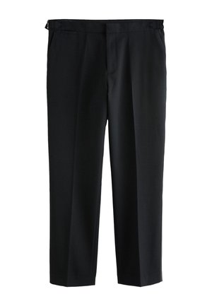 Schwarze Hose mit geradem Bein, Gürtelschlaufen, Seitentaschen und einem vorderen Reißverschluss.
