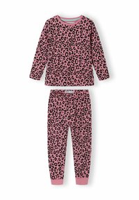 Conjunto de pijama de estampado de leopardo rosa que incluye una camiseta de mangas largas, pantalones a juego con puños de canalé y un material de algodón cómodo.