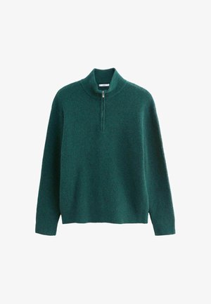 Green pullover sweater with a high collar and half-zip closure. Made of soft textured fabric with a relaxed fit and straight hem.