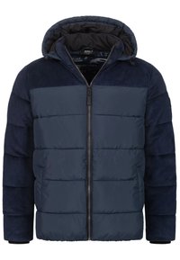 Navy puffer jacket with a corduroy upper section, zip closure, adjustable hood, and ribbed cuffs. Features quilted, padded design.