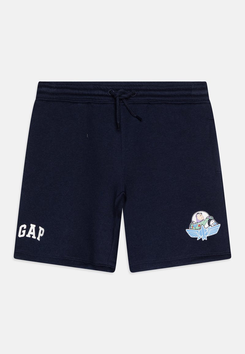 Navy blå shorts lavet af blødt stof, med en snoretræk i taljen og et Buzz Lightyear grafik med "GAP" logo i hvid på siden.