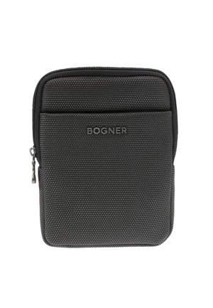 Borsa in tessuto nera con chiusura a zip, caratterizzata da una superficie texturizzata e una tasca frontale. Logo "BOGNER" visibile sul fronte.