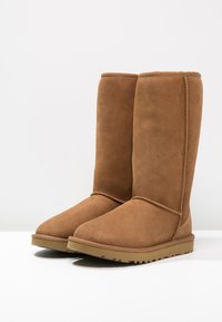 Stivali alti in suede marrone, con punte arrotondate, suole piatte e cuciture visibili lungo le cuciture. Tessuto morbido e design semplice.