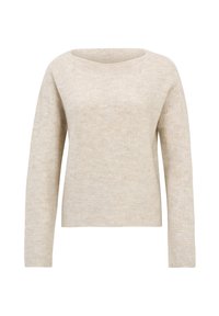 Beige Strickpullover mit weitem Ausschnitt und langen Ärmeln. Verfügt über eine dezente Textur und Glitzereffekte, mit einer geraden Silhouette und einem geraden Saum.