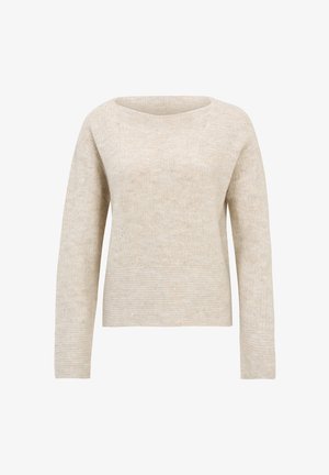 Pull en tricot beige avec un décolleté large et des manches longues. Présente une texture subtile et des accents scintillants, avec une silhouette et un ourlet droits.