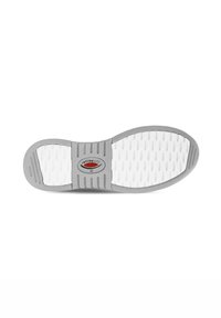 Suola della scarpa caratterizzata da una superficie bianca e testurizzata con un bordo grigio e un logo centrale. Progettata per la presa e il comfort, con motivi per la trazione.