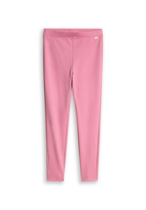 Festrosa, enganliegende Leggings in voller Länge mit elastischem Bund, flach vor weißem Hintergrund gezeigt.
