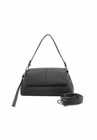 Borsa a mano in pelle nera con forma strutturata, manico superiore e tracolla rimovibile. Presenta una finitura liscia e una tasca con pattina sul davanti.
