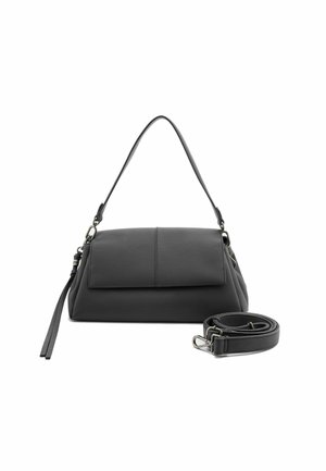 Borsa a mano in pelle nera con forma strutturata, manico superiore e tracolla rimovibile. Presenta una finitura liscia e una tasca con pattina sul davanti.