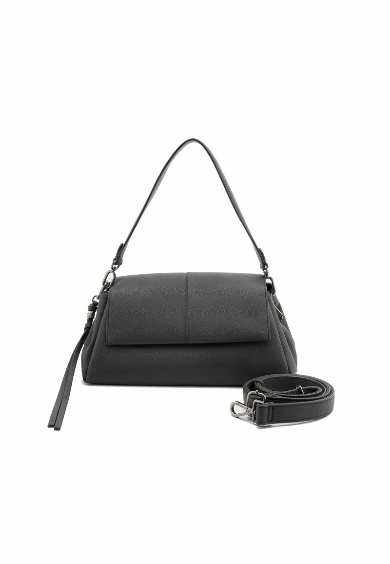Borsa a mano in pelle nera con forma strutturata, manico superiore e tracolla rimovibile. Presenta una finitura liscia e una tasca con pattina sul davanti.