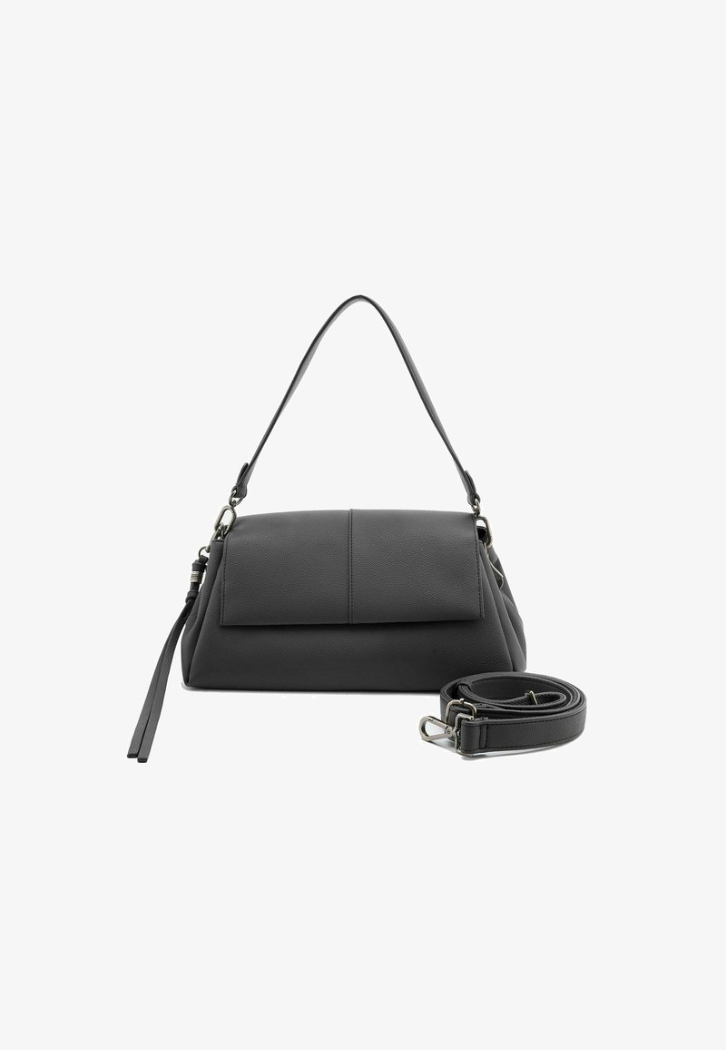Bolso de mano de cuero negro con forma estructurada, asa superior y correa para el hombro removible. Presenta una textura suave y un bolsillo en la solapa frontal.