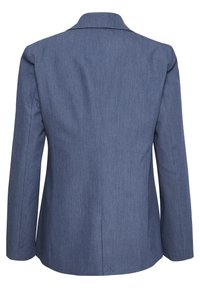Bagview af en skræddersyet, langærmet, blå blazer med slå-krave og subtil tekstur på en hvid baggrund.