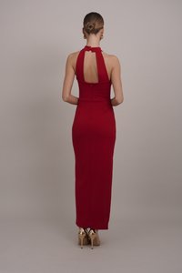 Dlhé, priliehavé červené šaty s halter krkom, otvoreným chrbtom a zipsovým uzáverom. Modelka má na sebe zlaté vysoké podpätky. Hladký materiál.