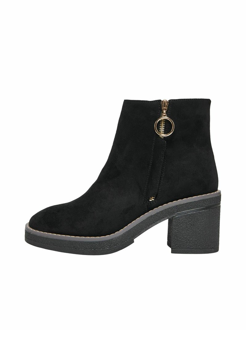 Black suede ankle boot with a gold zipper detail, chunky textured heel, rounded toe, and contrasting stitching along the sole.