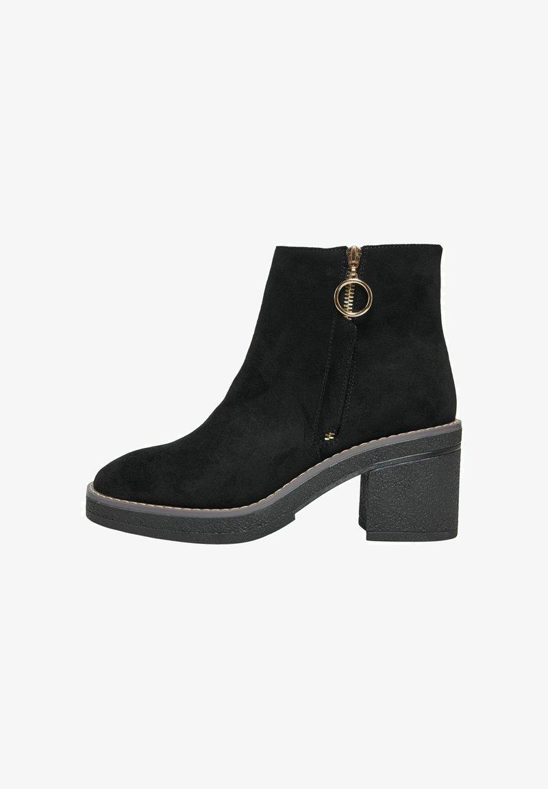 Black suede ankle boot with a gold zipper detail, chunky textured heel, rounded toe, and contrasting stitching along the sole.