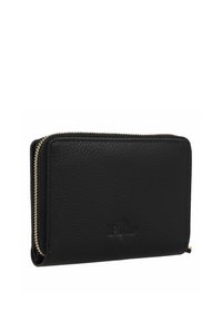 Black leather wallet with a textured finish, zip closure, and embossed logo on the front. Compact rectangular shape. Gold-toned zipper accents.