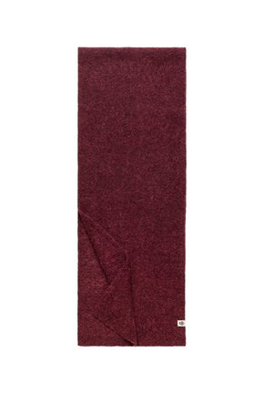 Bordeauxfarbener Wollschal mit weicher Textur, rechteckiger Form und einem gefalteten Rand. Verfügt über ein kleines Etikett in der Ecke.