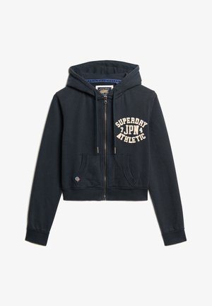 Cropped navy hoodie in soft cotton with a front zipper, two pockets, and "SUPERDRY JPN ATHLETIC" printed in contrasting beige on the chest.