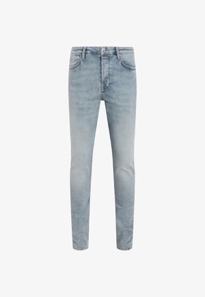 Jeans in denim blu chiaro, slim fit, vita media, design a cinque tasche, chiusura con zip e bottone, e una sottile texture scolorita in tutto il capo.