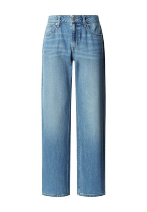 Gaismas zili džinsa bikses ar vaļēju piegriezumu, taisnām bikšu kājām un klasisku piecu kabatu dizainu. Audums ir ar smalku izbalējušu tekstūru.