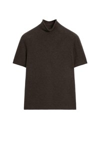 Kortärmad polotröja i mörkbrun, mjuk textur, figurnära design, med en rullad krage och utan synliga mönster eller detaljer.