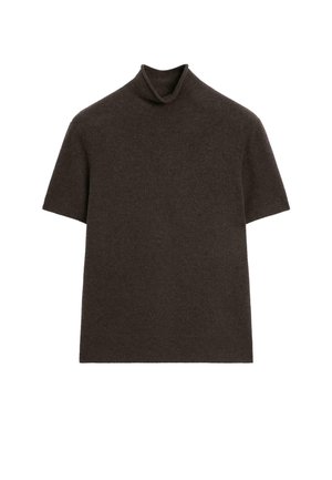 Dunkelbrauner Rollkragenpullover mit kurzen Ärmeln, weicher Textur, taillierte Passform, mit einem gerollten Kragen und ohne sichtbare Muster oder Beschläge.