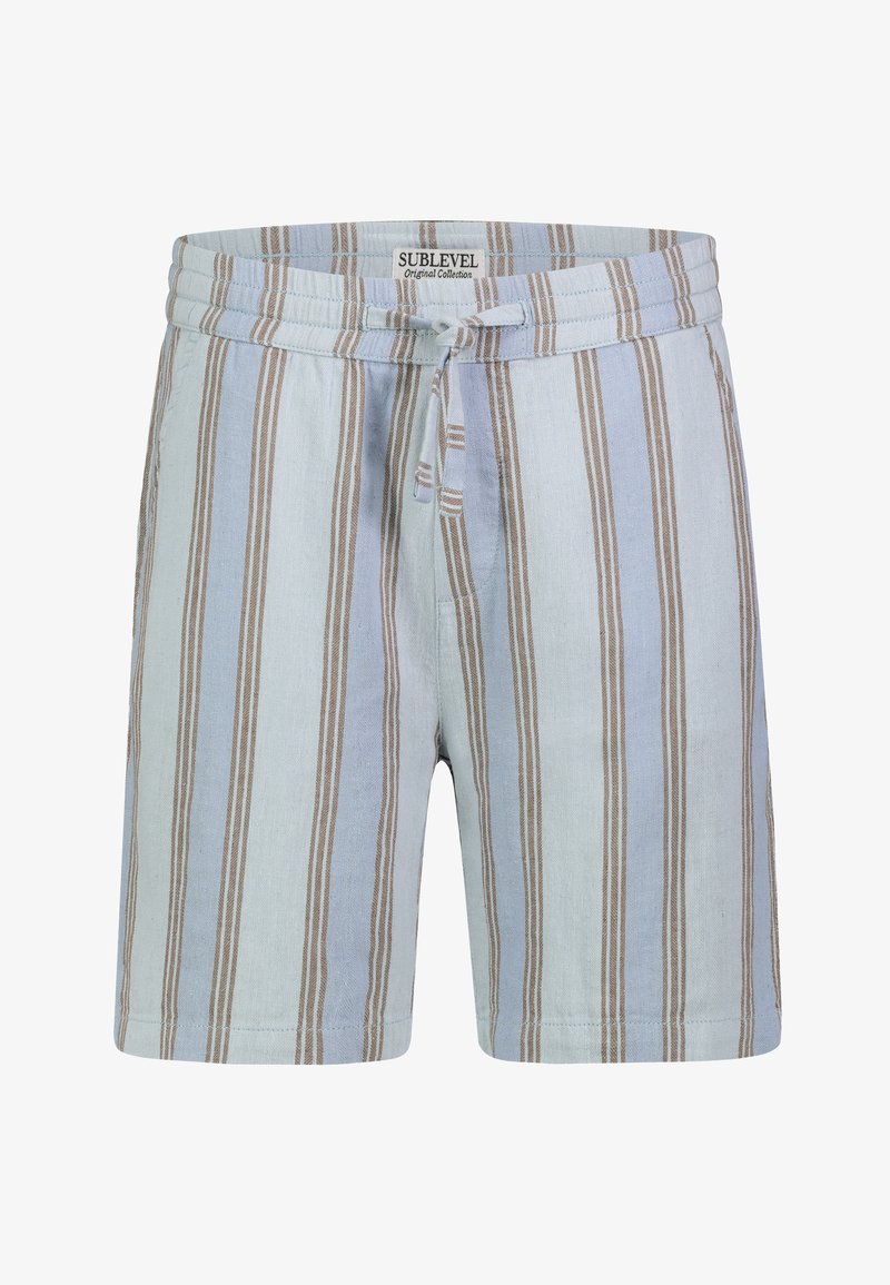 Light blue striped shorts made of soft fabric, featuring vertical stripes in brown and white, elastic waistband with a drawstring.