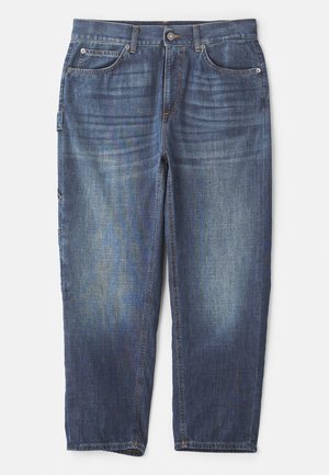 Denim jeans in een donkerblauwe wassing, met vijf zakken, een knoop-en-rits sluiting, rechte pijpen en contrasterende stikseldetails.