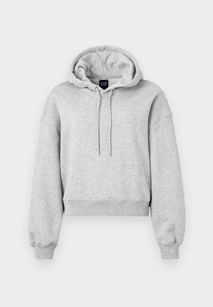 Grå kortärmad hoodie av mjukt material, med dragsko i huvan, ribbade ärmslut och avslappnat snitt. Logotyp synlig vid halsringningen.