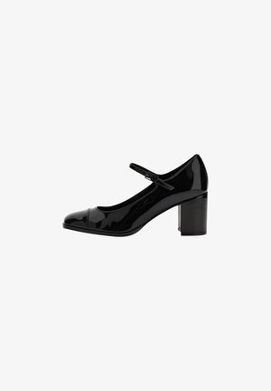Scarpa Mary Jane in vernice nera con punta arrotondata, cinturino alla caviglia e tacco largo. Finitura liscia con un aspetto lucido.