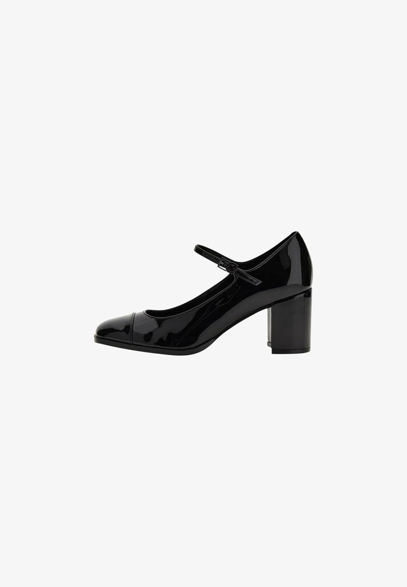 Scarpa Mary Jane in vernice nera con punta arrotondata, cinturino alla caviglia e tacco largo. Finitura liscia con un aspetto lucido.