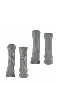 Graue gerippte Socken mit einem floralen Muster in Orange, Blau und Weiß, mit einer glatten Textur und in standardmäßiger Crew-Länge.