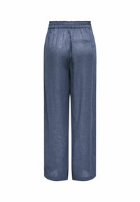 Pantalons en lin bleu foncé, coupe décontractée, avec une taille élastique. Comprend une poche arrière et des jambes larges. Matériau léger et texturé.
