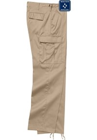 Pantalon cargo beige déperlant avec multiples poches, coupe droite et cordon de serrage réglable à l'ourlet.
