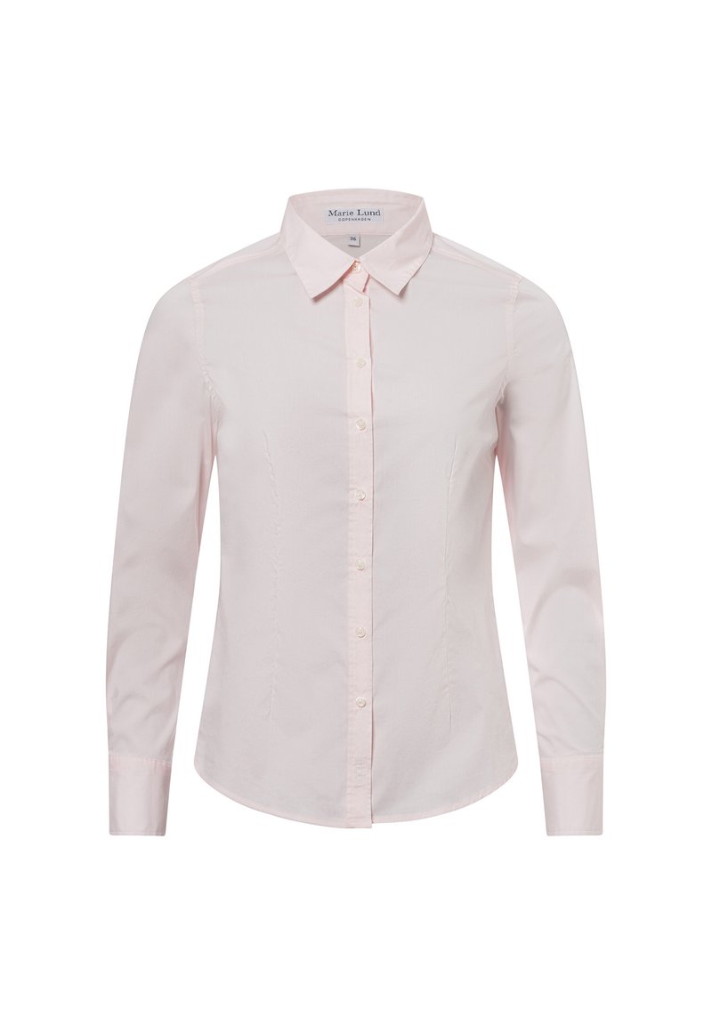 Light pink long-sleeve shirt with a collared neck, button front, and subtle side pleats. Made from smooth, woven fabric.