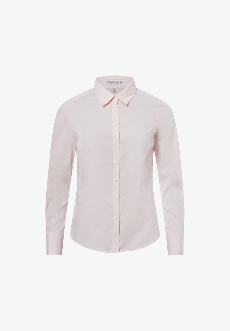 Light pink long-sleeve shirt with a collared neck, button front, and subtle side pleats. Made from smooth, woven fabric.